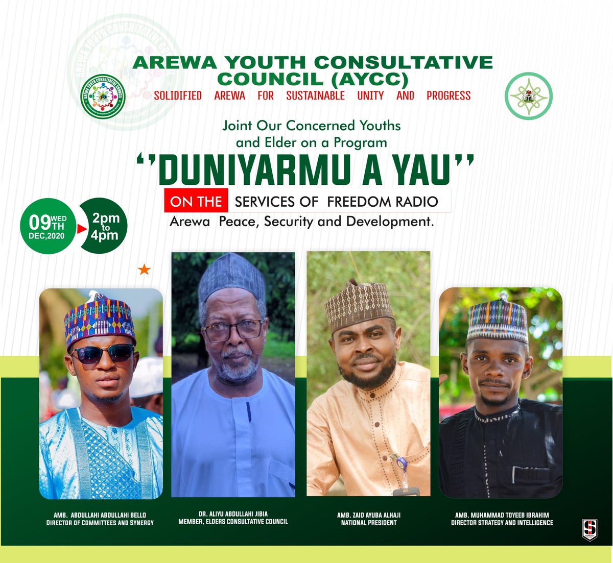 ArewaAycc's tweet photo. Mu kasance da wakilcin AYCC a cikin shirin "DUNIYARMU A YAU" na Freedom Radio, inda zaa tattauna akan matsalolin tsaro, zaman lafiya da cigaban Arewacin Nigeria, tare da Prof. Aliyu Jibia.

Yau Laraba, 2:00-4:00 na yamma a tashar Freedom Radio.
Mu yi sauraro lafiya

NEC-AYCC https://t.co/4PCUoggjU0