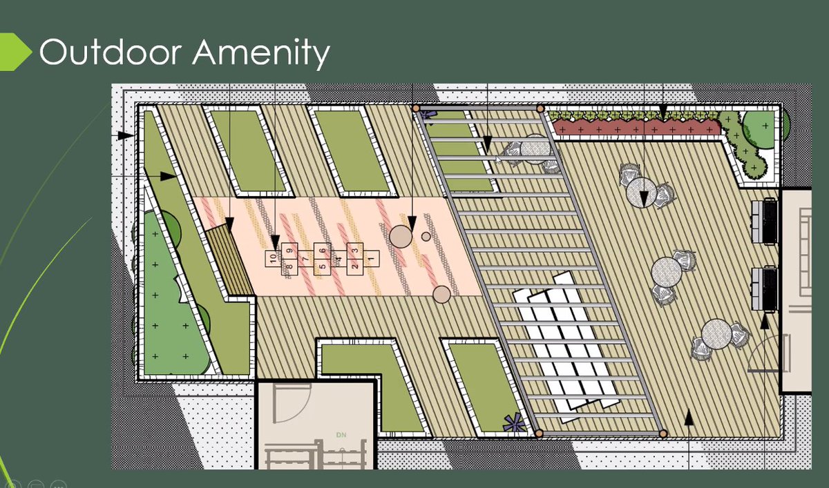 The applicant is presenting on their commitment to making the building a community. Two amenity spaces for co-working, multi-purpose and a rooftop deck.