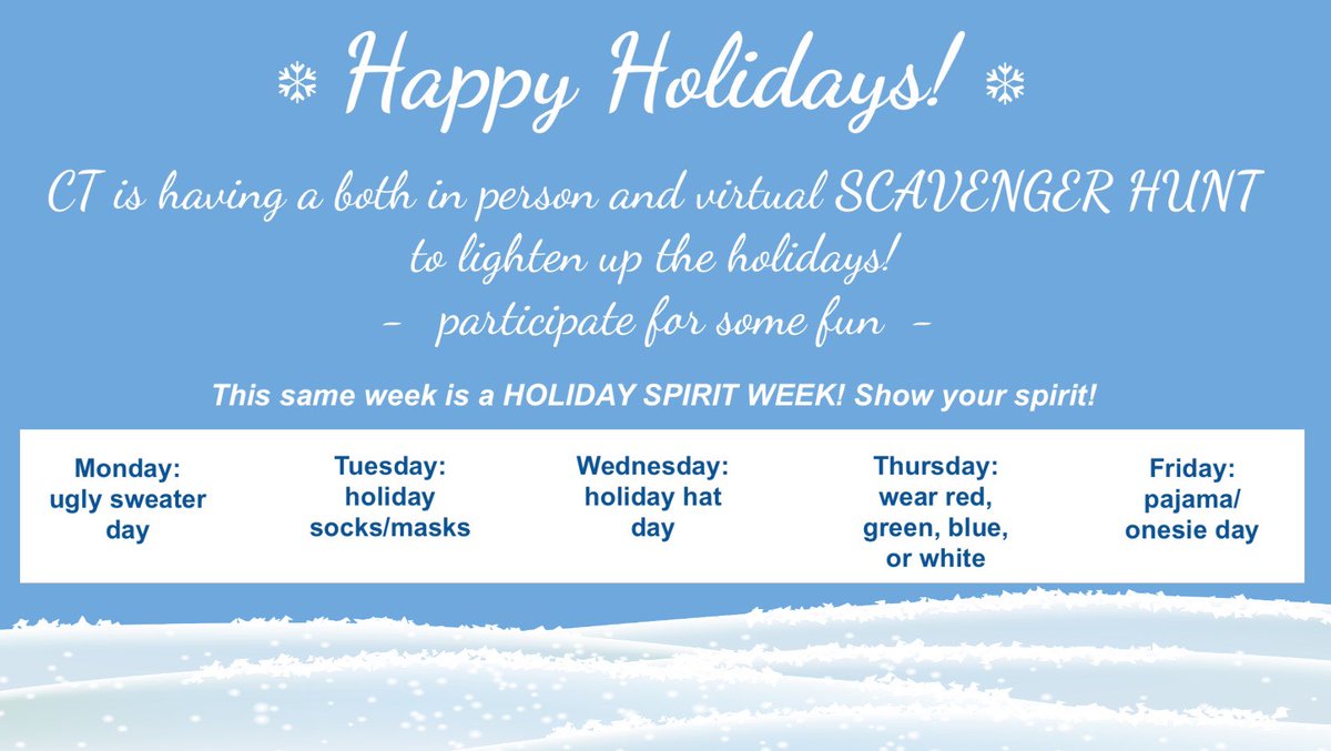 MissBrownCTPE's tweet photo. Holiday Spirit Week is coming! Get ready, Bulldogs! @PrincipalCTMS @teachtorenew @bulldogs_ctms https://t.co/PHITPuLLx8