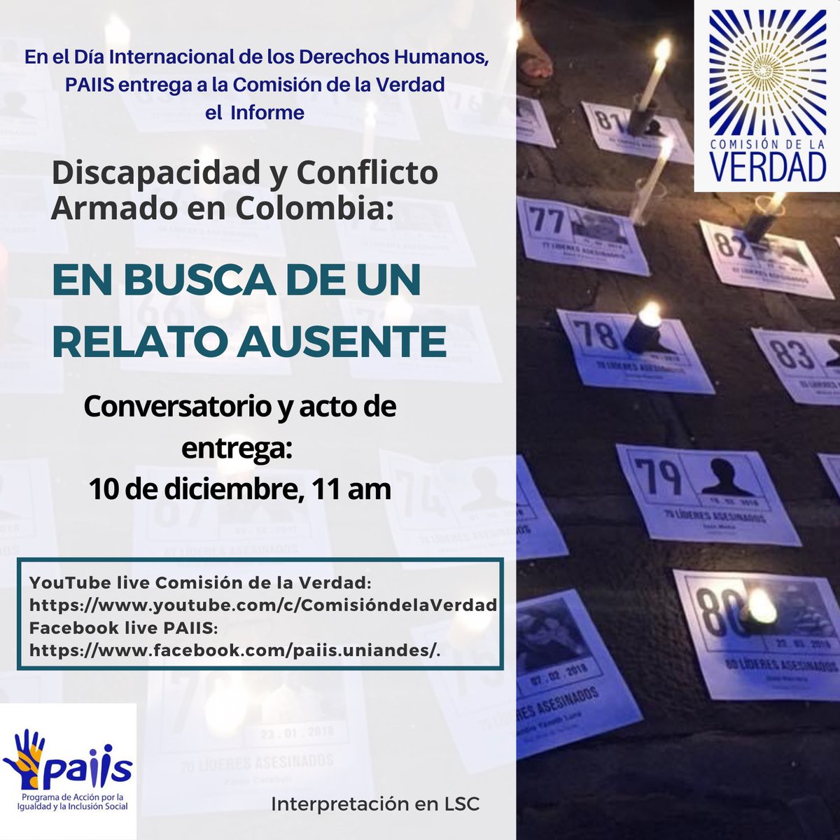 Les esperamos en este evento que recoge nuestro trabajo durante el año sobre discapacidad y conflicto armado 👇🏻👇🏻👇🏻  <a href="/JEP_Colombia/">Jurisdicción Especial para la Paz</a> <a href="/UBPDcolombia/">Unidad de Búsqueda de Personas Desaparecidas</a> <a href="/coalicionCDPDco/">CoalicionCDPD_col</a> <a href="/FCompaz/">Fundación Compaz</a> <a href="/UnidadVictimas/">Unidad para las Víctimas</a>  #10diciembre #DiaInternacionalDeLosDerechosHumanos