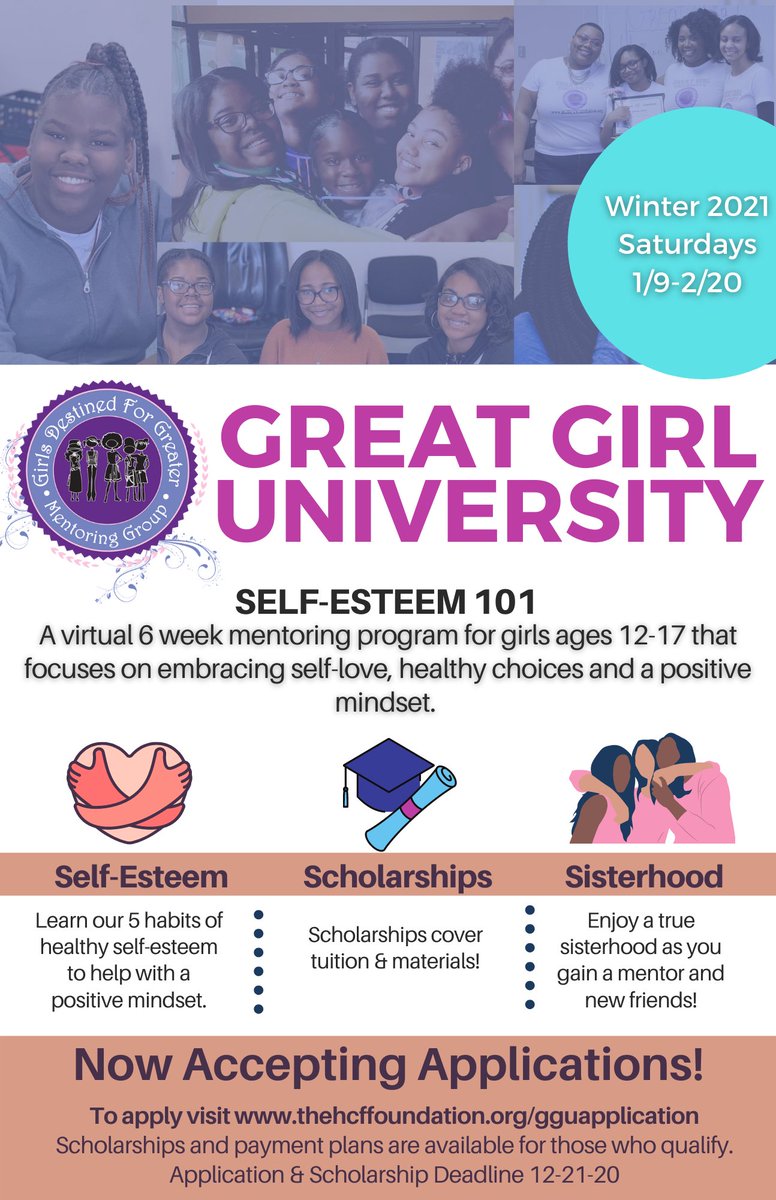 #GreatGirlUniversity is going to be so much fun! We can’t wait to see our mentees again (virtually 👩🏾‍💻)

Want in on the fun? Are you a teen girl between the ages 12-17?
Click the link in our bio or visit thehcffoundation.org/GGUapplication 
Sponsorship and Donation opportunities are available