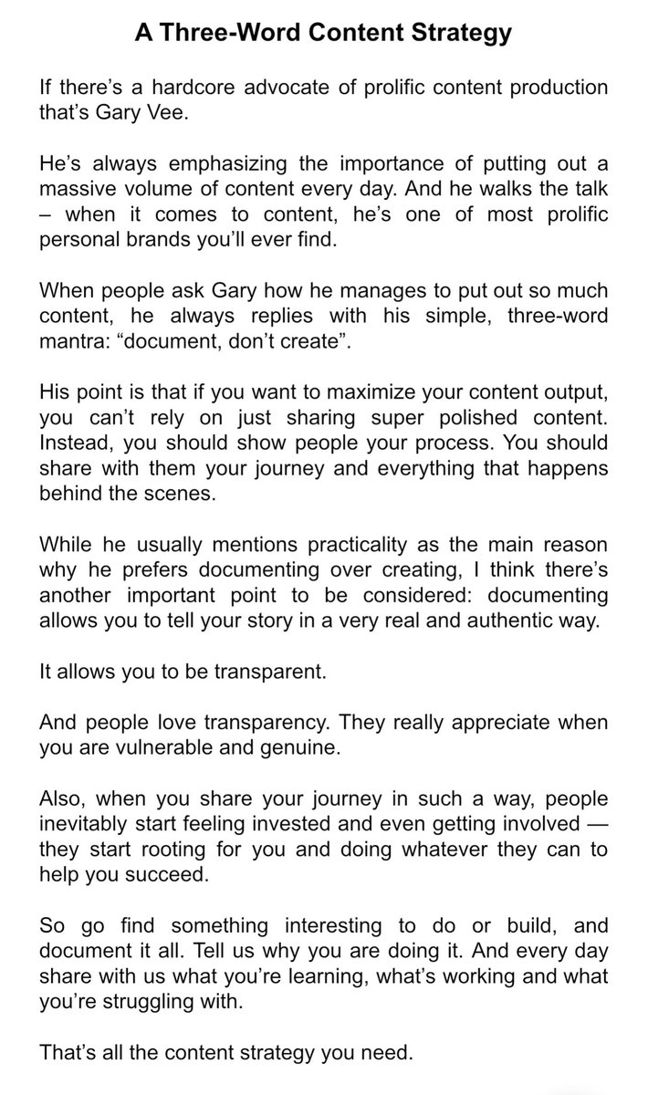 today's essay I talk about one unspoken benefit of embracing  @garyvee's "document, don't create".Shoutout to  @jackbutcher for the headline inspiration. 23/30