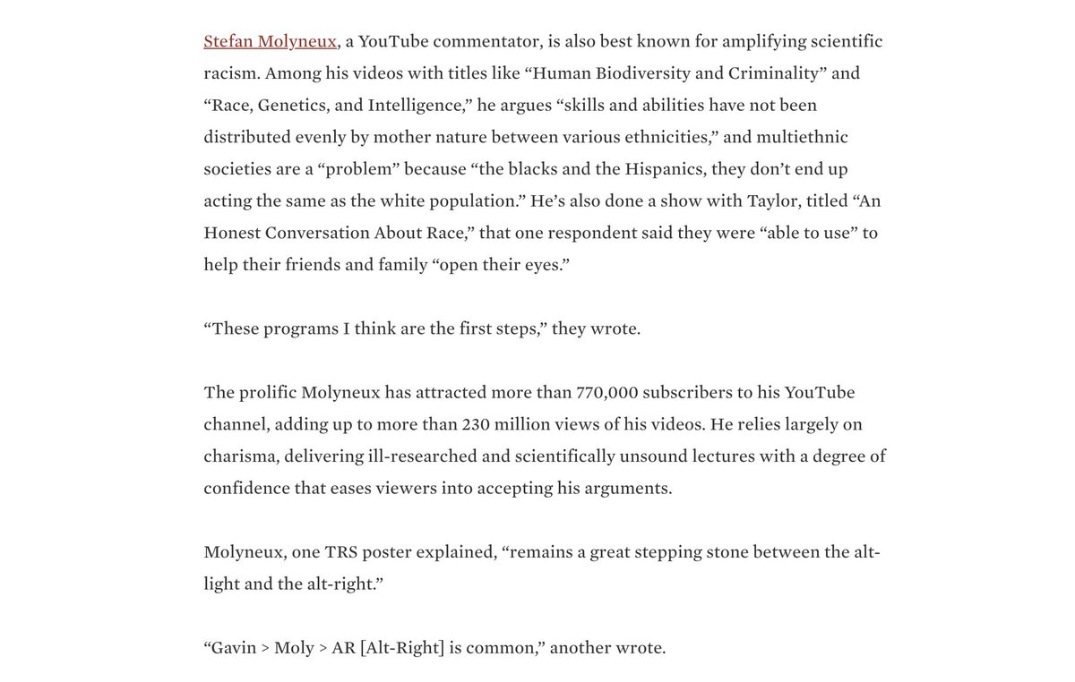 We knew that Stefan Molyneux - whose media outlet we now know the Christchurch shooter donated to - radicalized people. Extremists themselves were describing his as useful for pushing people down the path to white nationalism.