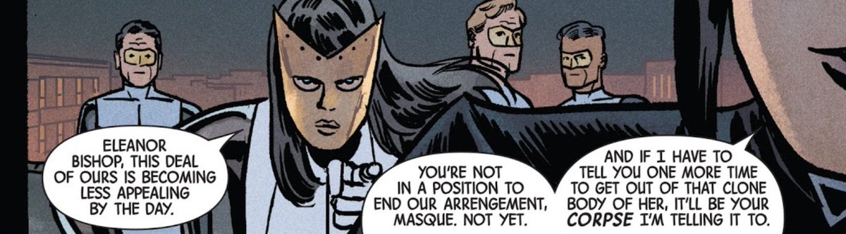 — kate's parents, eleanor and derek, have been known to work with madame masque, a known villain. eleanor was presumed dead, before this reveal.