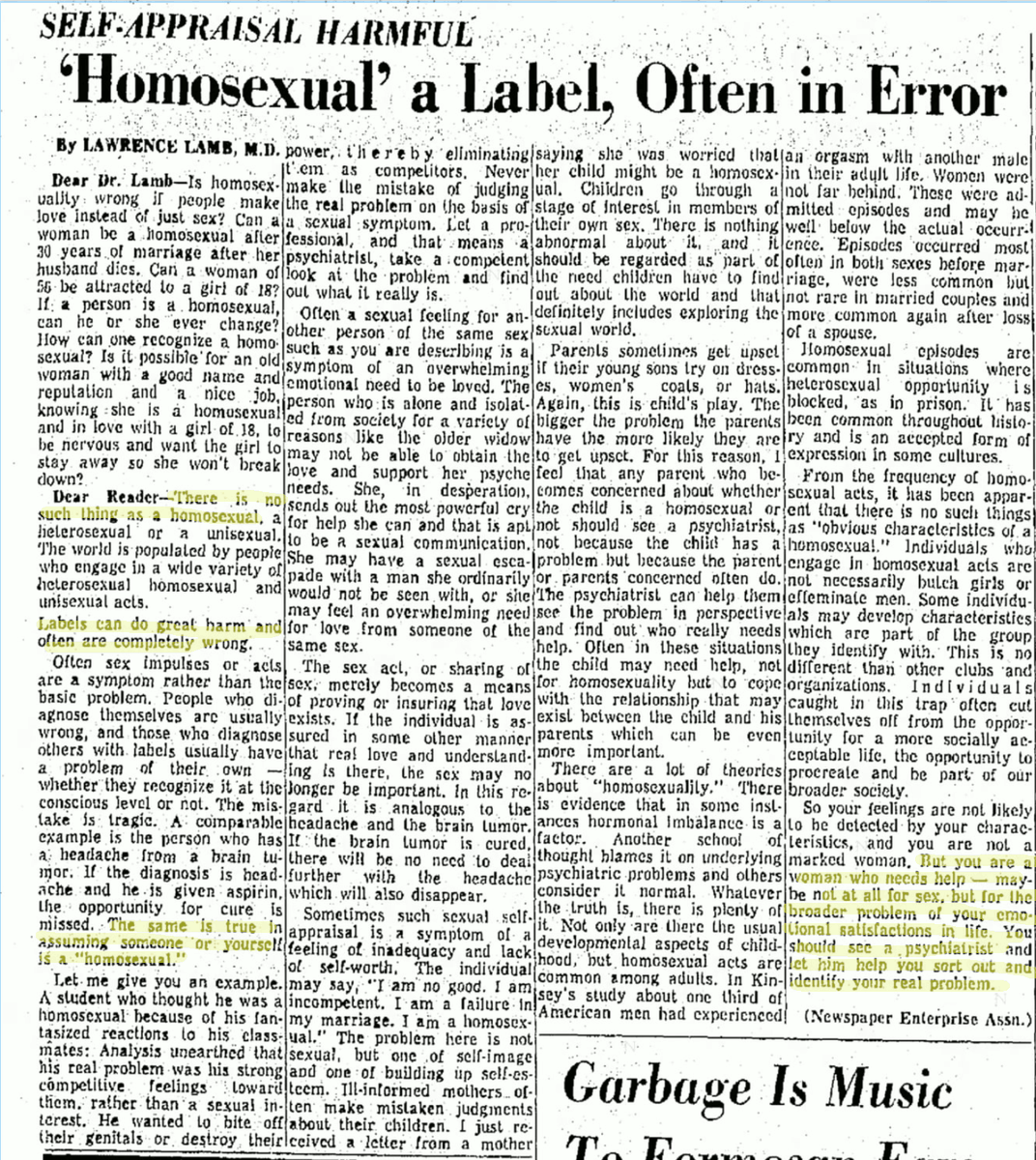 Self-id is bad...m'kay?The Amarillo Globe-Times (Amarillo, Texas), 1973-01-26"Self-Appraisal Harmful - 'Homosexual' a Label, Often in Error""There is no such thing as a homosexual""You should see a psychiatrists and let him sort out and identify your real problem."