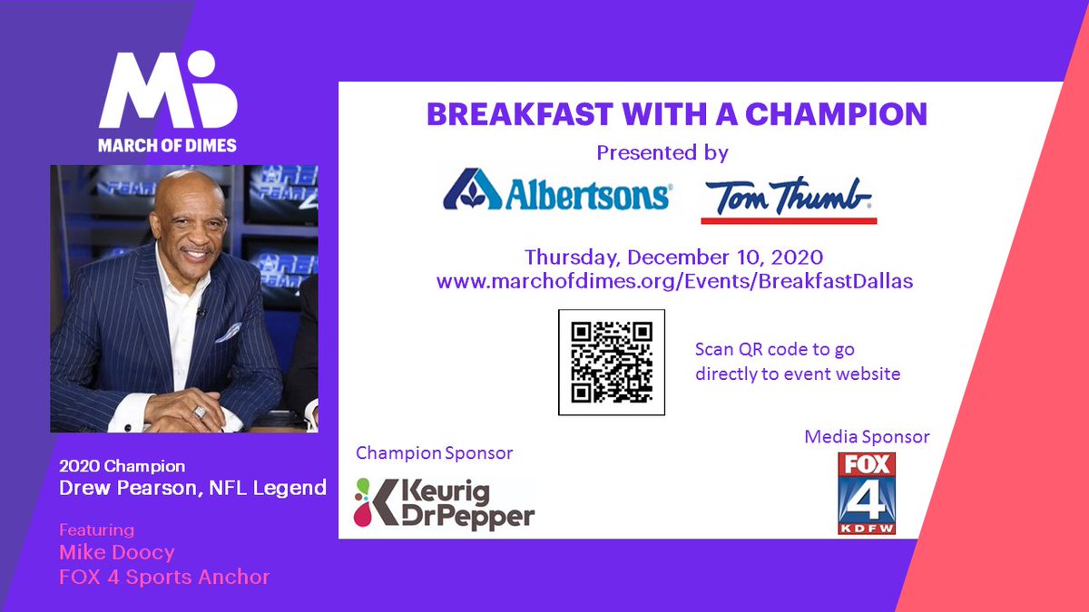 Don't "catch" FOMO...This year's VIRTUAL Breakfast With A Champion is going to be End Zone Celebration worthy! Register TODAY: bit.ly/37N0CBT

<a href="/88DrewPearson/">Drew Pearson</a> <a href="/CowboysLegends/">Cowboys Legends</a> <a href="/MikeDoocyFox4/">Mike Doocy</a> <a href="/Albertsons/">Albertsons</a> <a href="/tomthumbtexas/">Tom thumb</a> <a href="/Keurig/">Keurig</a> <a href="/drpepper/">Dr Pepper</a> #BKFSTchamp #moms #babies #families