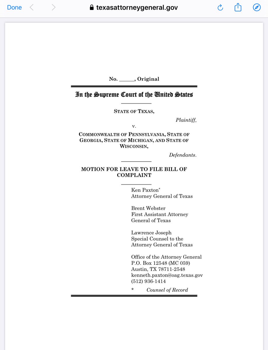  #Texas Lawsuit Filed by AG  @KenPaxtonTX (154 Pages) https://www.texasattorneygeneral.gov/sites/default/files/images/admin/2020/Press/SCOTUSFiling.pdf