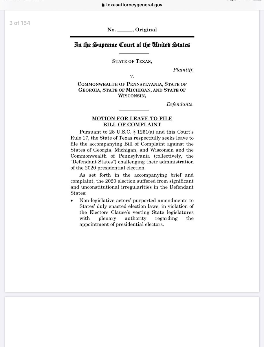  #Texas Lawsuit Filed by AG  @KenPaxtonTX (154 Pages) https://www.texasattorneygeneral.gov/sites/default/files/images/admin/2020/Press/SCOTUSFiling.pdf
