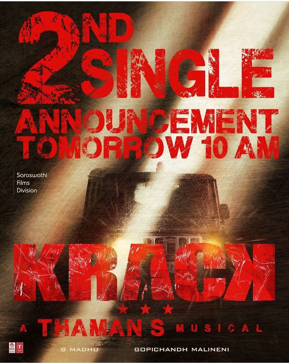 WorldWide_RTF's tweet photo. #krack2ndsingle β₯οΈπ
ANNOUNCEMENT π’
TOM AT #10AM
After the #krackfirstsingle
#chartbuster #boombadhal π§¨
Itβs time to get #krackified AGAIN πͺπΌβ₯οΈ
#krack @RaviTeja_offl
#RaviTeja https://t.co/U1yK8B4Jmh