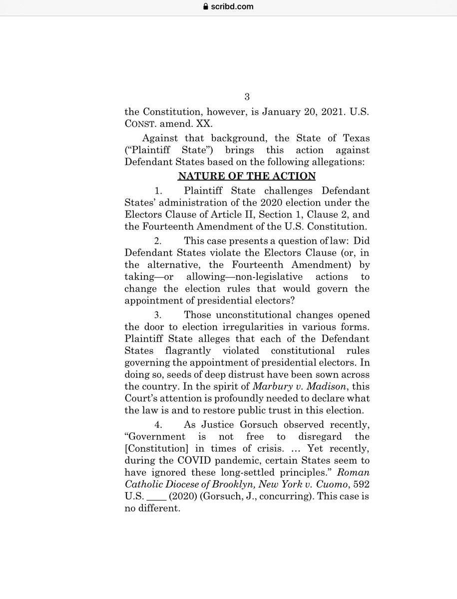 TX AG Uses “Article II” Equal Protection Clause of US Constitution to Bypass Lower Courts and Go Directly to SCOTUS…Lawsuit Against PA, MI, WI Was Filed at 12am  https://www.waynedupree.com/2020/12/texas-ag-ken-paxton-scotus/ https://www.scribd.com/document/487348469/TX-v-State-Motion-2020-12-07-FINAL