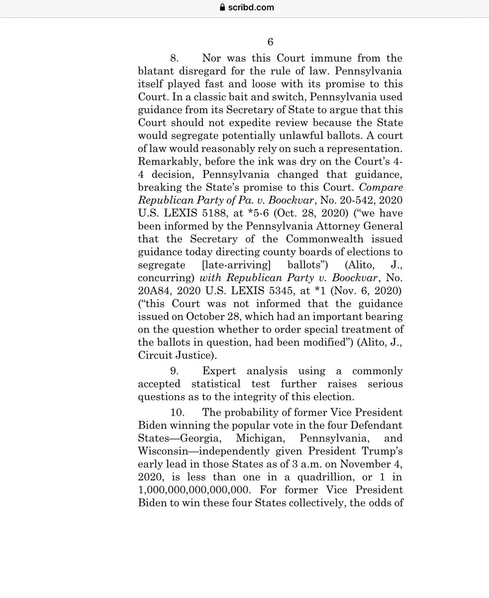 TX AG Uses “Article II” Equal Protection Clause of US Constitution to Bypass Lower Courts and Go Directly to SCOTUS…Lawsuit Against PA, MI, WI Was Filed at 12am  https://www.waynedupree.com/2020/12/texas-ag-ken-paxton-scotus/ https://www.scribd.com/document/487348469/TX-v-State-Motion-2020-12-07-FINAL