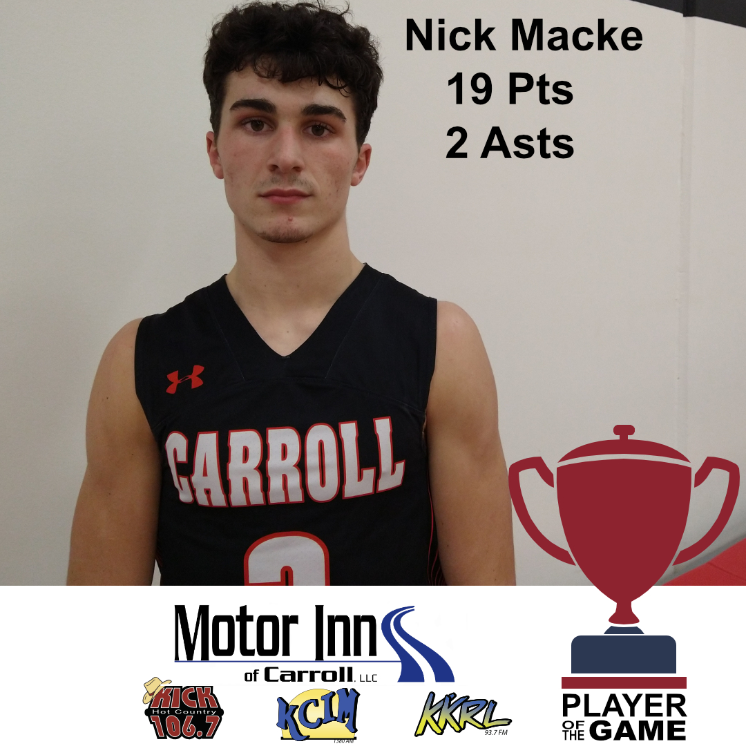 Nick Macke of Carroll High was named Motor Inn Player of the Game Vs North Polk on Tuesday, December 8th. Tigers won 59-52.
<a href="/TigerVisionCHS/">Tiger Vision</a> <a href="/randy_bissen/">Randy Bissen</a> <a href="/CarrollTigerBB/">CarrollBoysBasketball</a> <a href="/FeldmanTory/">Tory</a> <a href="/ColbyC12/">Colby Christensen</a>