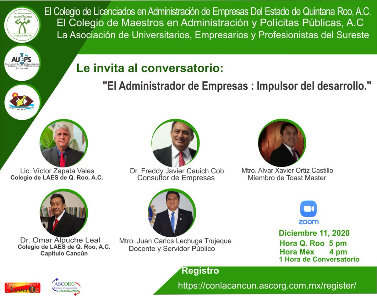 #DíaNacionalDelAdministrador  <a href="/ConlaCancun/">CONLA Cancun</a> <a href="/COMAPPCancun/">COMAPP</a> #AUEPS invitan Conversatorio #ElAdministradorDeEmpresas: Impulsor del desarrollo." conmemorando el ejercicio ético de la profesión. Entre los expositores  #Mapaches <a href="/IT_Chetumal/">TecNM - Chetumal</a> y #Tucanes del <a href="/TecNM_Cancun/">@TecNM_Cancun</a> <a href="/cristinazuetar/">Cris</a>