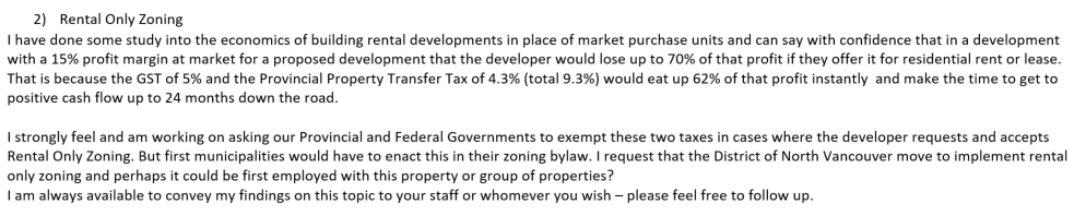 Part 2 is comments on rental only zoning and rental economics including GST. Part 3 is questions on the operational cost to tenants. Part 4 is about COVID safety in multifamily. Part 5 is about the OCP amendment.