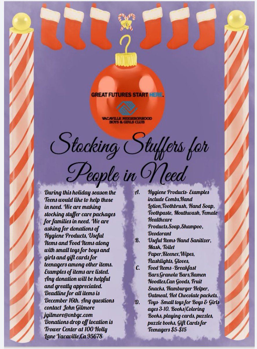 JTroll707's tweet photo. During this holiday season the Teens would like to help those in need.We are making stocking stuffer care packages for families in need.Examples of items are listed.Drop off location is Trower Center @ 100 Holly Lane Vacaville any donation is helpful n appreciated #VNBGCTEENS https://t.co/xcYYhGYPjT