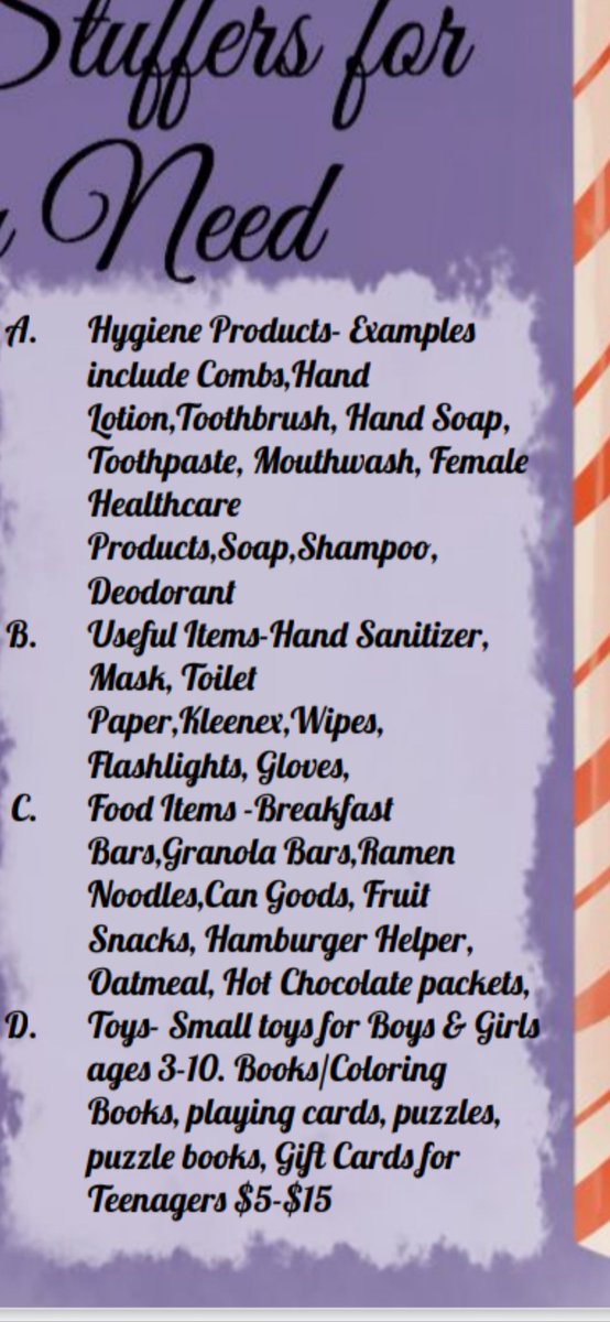 JTroll707's tweet photo. During this holiday season the Teens would like to help those in need.We are making stocking stuffer care packages for families in need.Examples of items are listed.Drop off location is Trower Center @ 100 Holly Lane Vacaville any donation is helpful n appreciated #VNBGCTEENS https://t.co/xcYYhGYPjT
