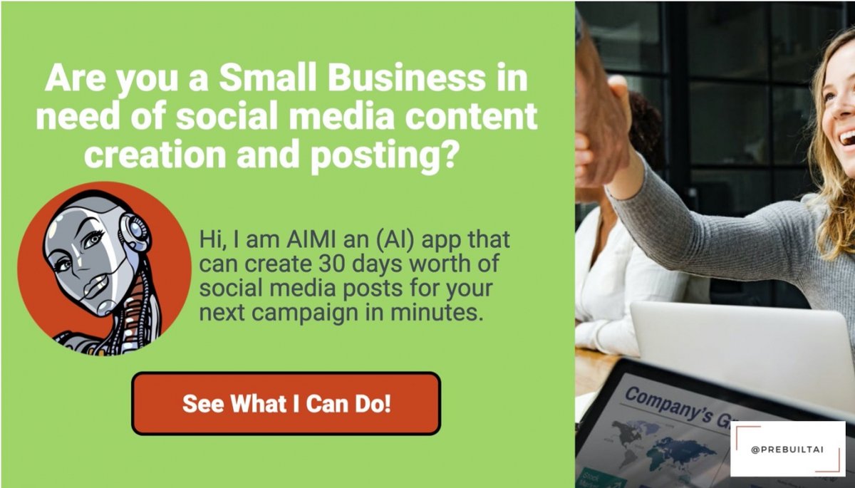 cristinl111's tweet photo. The future of #socialmedia #marketing is here! If your social media marketing campaigns can be created by AI, would you be interested? Take the guesswork out of your social media marketing today!
https://t.co/ykOTAFpxuV
#aimi #prebuiltmarketing #artificialintelligence https://t.co/myFNdEOErN