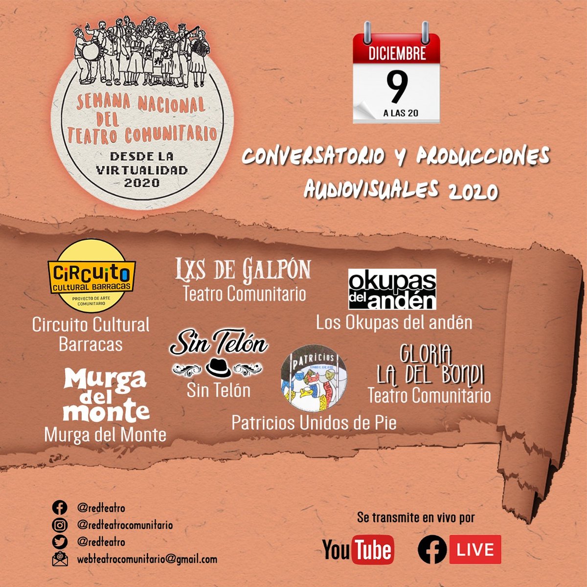 redteatro's tweet photo. Día 5. 📣  Nos volvemos a encontrar, esta vez con la presentación y producciones audiovisuales de los grupos: 

📌 Circuito Cultural Barracas
📌 Lxs de Galpón 
📌  Los Okupas del andén
📌  Gloria la del Bondi
📌  Murga del Monte
📌  Sin Telón
📌  Patricios Unidos de Pie https://t.co/Xs7z3mdZNq