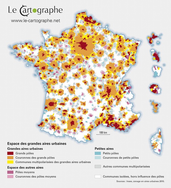 Carte des aires urbaines suivant la notion de l'<a href="/InseeFr/">Insee</a>.
Les 5 plus grandes aires U. sont Paris, Lyon, Marseille-Aix, Toulouse et Bordeaux.
(#ChateaurouxLesAlpes est très loin derrière😅)
#LeCartographe #AireUrbaine #Insee