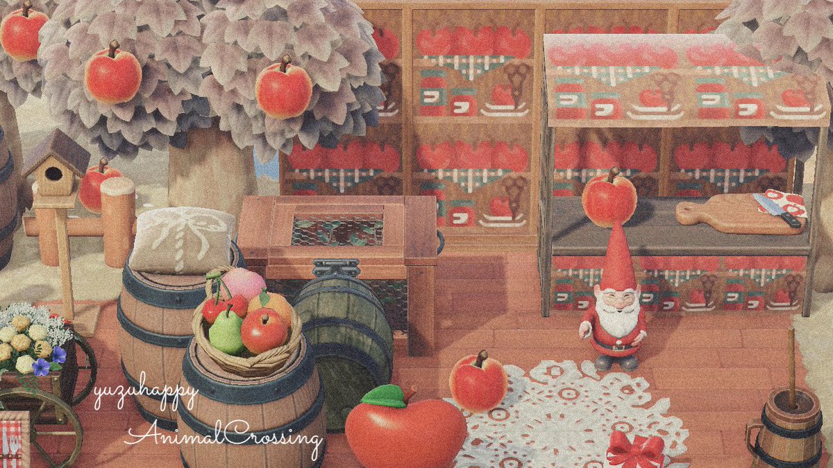 ゆずハピ あつ森 クリスマスの果物と言ったらりんご かなと思って ずっと手入れしてなかったりんごの並木道にお店をオープンさせてみました そして棚のマイデザにも初挑戦してみました マイデザイン配布 あつ森 あつ森写真部 Acnhdesigns