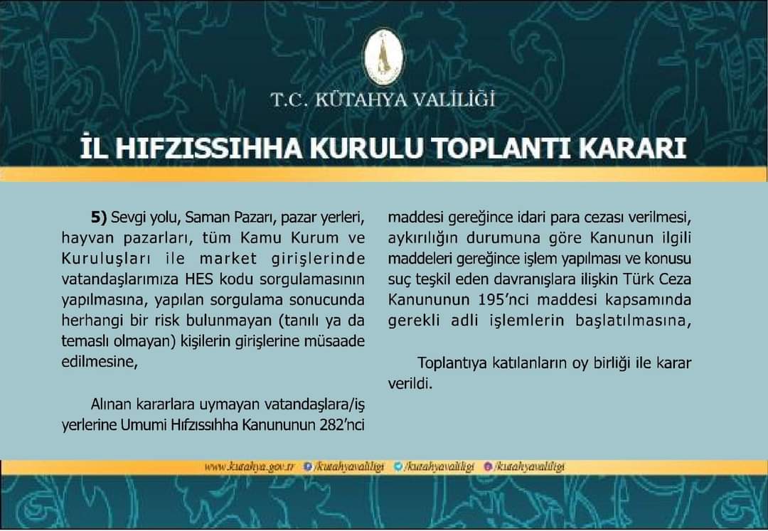 08.12.2020 Tarihli 2020/81 Numaralı İl Hıfzıssıhha Kurulu Toplantı Kararı.
