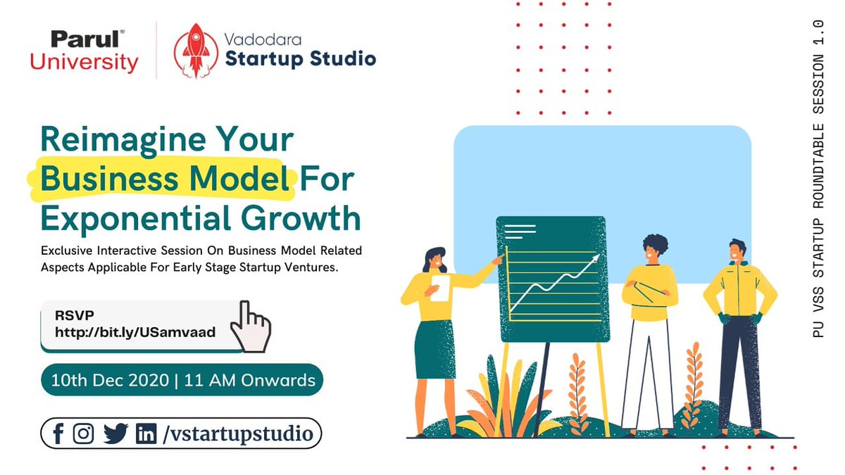 VStartupStudio's tweet image. Vadodara Startup Studio powered by Parul University organizing a session on the theme of &apos;Reimagine Your Business Model For Exponential Growth&apos; at 10th December 2020 | 11 AM Onwards. #VSSWebinar #StartupRoundTable #PU #VStartupStudio

RSVP: bit.ly/USamvaad

#VSS #PU