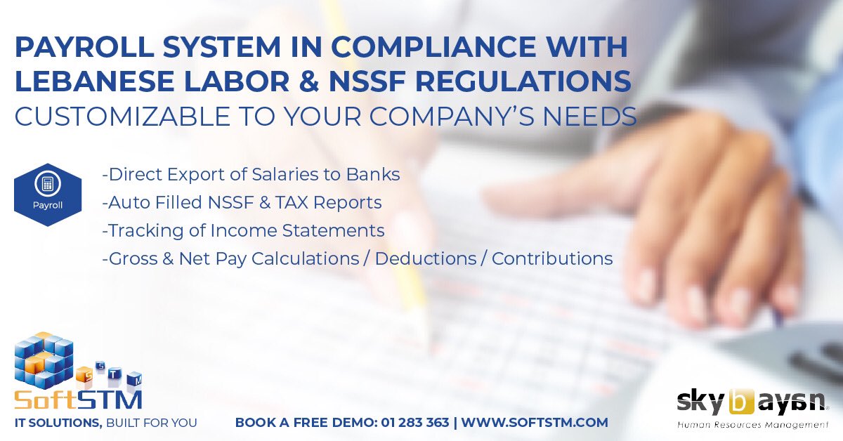 SOFTSTM's tweet image. A system that makes it easy to process all of your #payroll needs in compliance with #Lebanese laws.
Contact us today to learn more. 01283363 | softstm.com
#HRM #hrms #HumanResource #hrmanagement #ITServices #iot #software #hardware #itmanagement