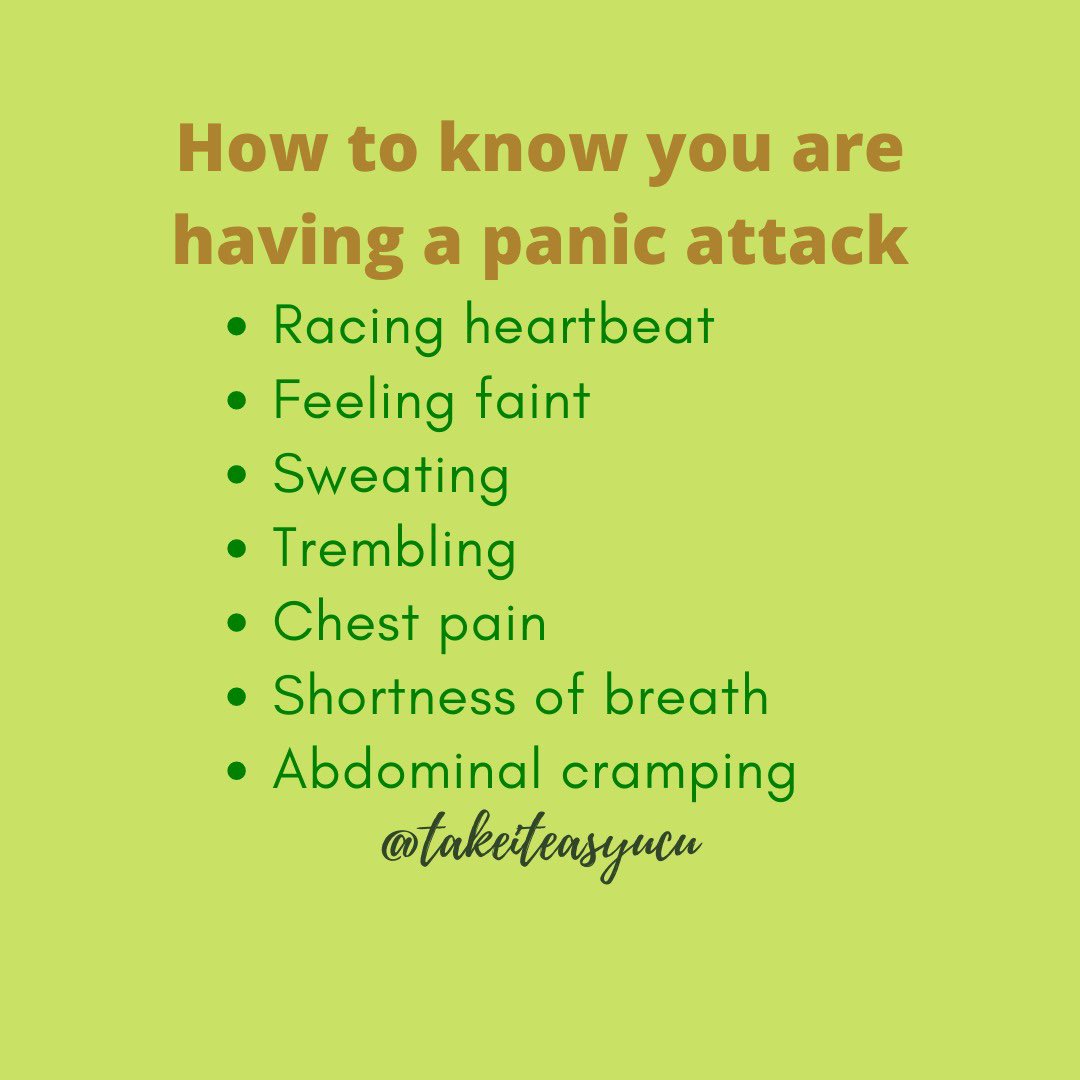 takeiteasyucu's tweet photo. #panicattacks  are sudden periods of intense #fear that may include palpitations, #sweating, #shaking, shortness of breath, numbness, or a feeling of impending doom. The maximum degree of symptoms occurs within minutes. But always remember to #breathe &amp; #takeiteasy https://t.co/uepbmf4S4e