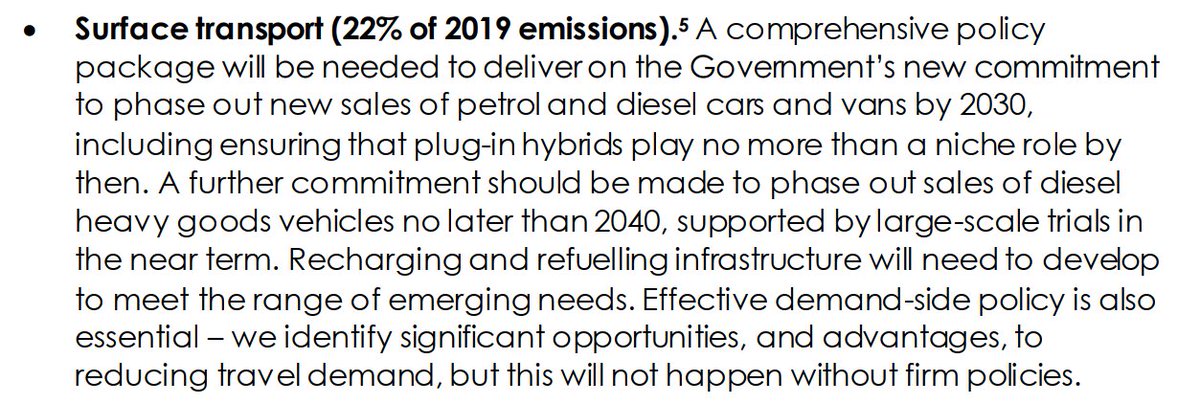 Transport: follow through with policy to deliver ban on new petrol / diesel by 2030, charging infrastructure and policies to reduce demand 2/n