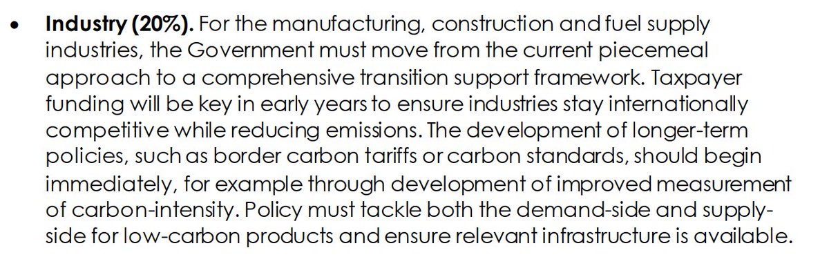 Industry: Comprehensive support package needed to help industries transition. Interesting flag for work on future carbon standards and tariffs to start now. Wonder how taxpayer funding point may inter-play with current Brexit level playing field discussions 3/n