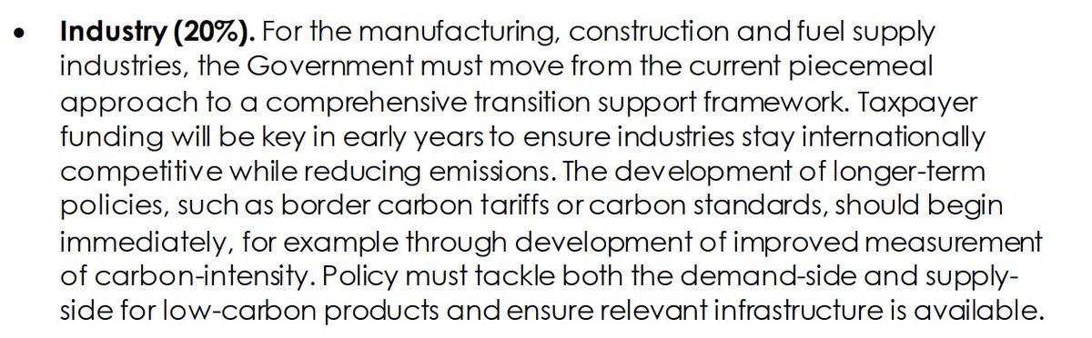 Industry: Comprehensive support package needed to help industries transition. Interesting flag for work on future carbon standards and tariffs to start now. Wonder how taxpayer funding point may inter-play with current Brexit level playing field discussions 3/n
