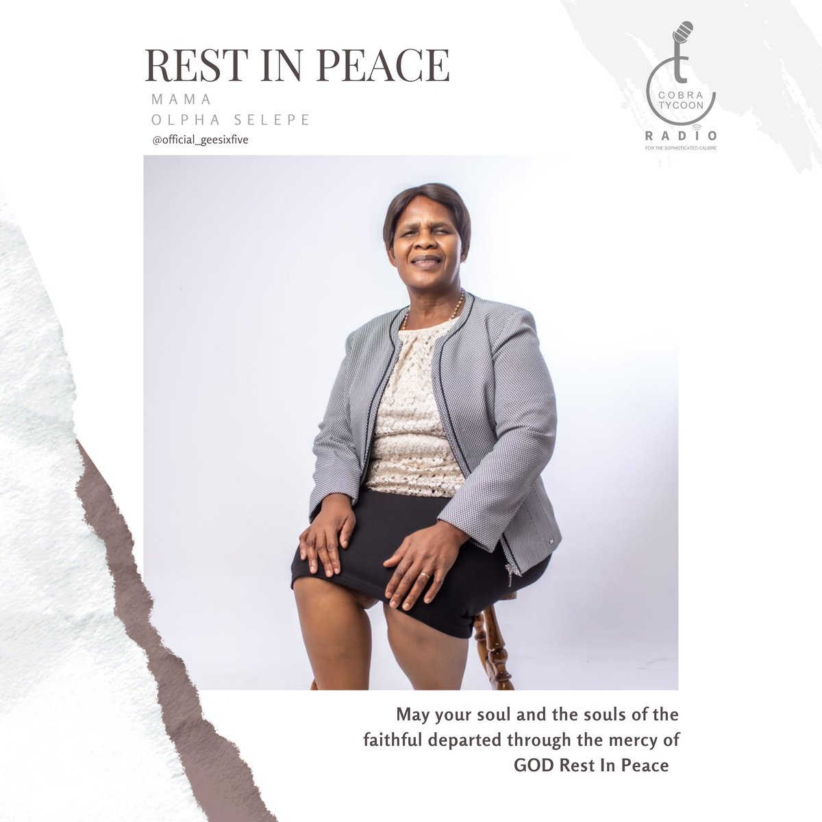 From the COBRA TYCOON FAMILY: REST IN PEACE MAMA and We thank you 🙏  @official_geesixfive <a href="/real_geesixfive/">official_GeeSixFive</a>
#RIPGeeSixFive Cobratycoon.co.za