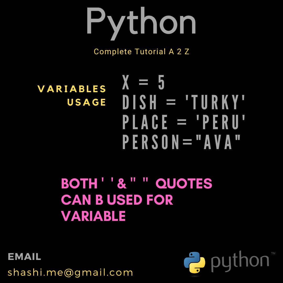python_a2z's tweet image. Day 2:

Python for Absolute Beginners:
1). Built-in Datatypes
2). Variables
3). Variable Example
4). Variable Usabe

Help us with a feedback to improve the material, email us @ shashi.me@gmail.com

Follow-us on insta: instagram.com/python_a2z
