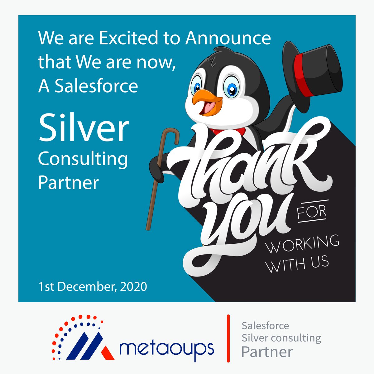 A significant milestone in our journey of service excellence! We are now a #Salesforce Silver #ConsultingPartner!

We thank our customers for being a part of this achievement with us.

#Metaoups #SalesforcePartner #SalesforceMarketingCloud