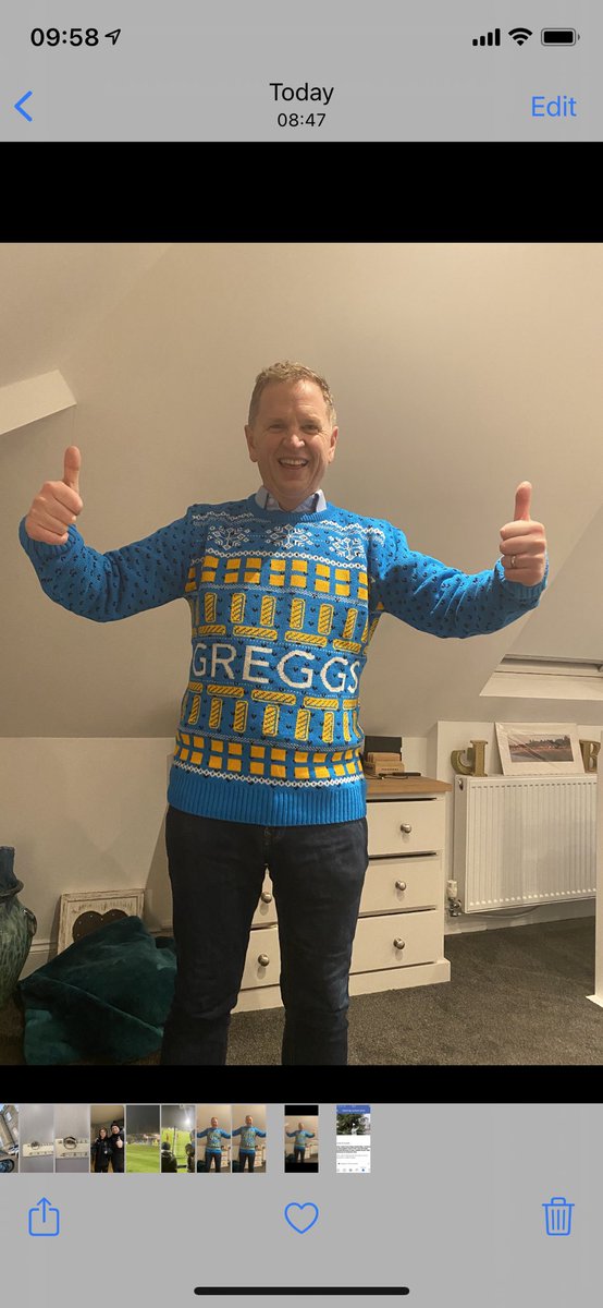 Absolutely delighted with my ⁦@GreggsOfficial⁩ Christmas jumper. Going to have a #sausage-roll and #steakbake to celebrate it’s arrival 🎉 👍 🥧