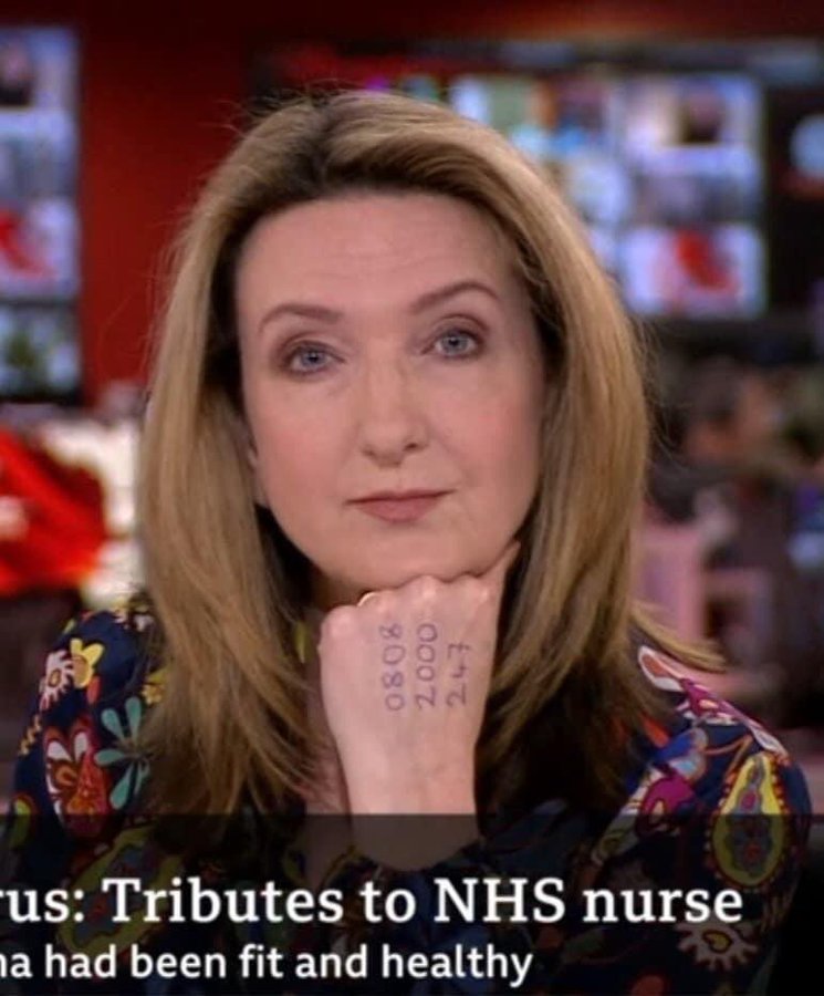 8) Victoria Derbyshire hosted a BBC show with a domestic abuse helpline number written on her hand More than 40,000 calls were made during the first three months of the Covid-19 restrictions alone 0808 2000 247 (open 24/7)