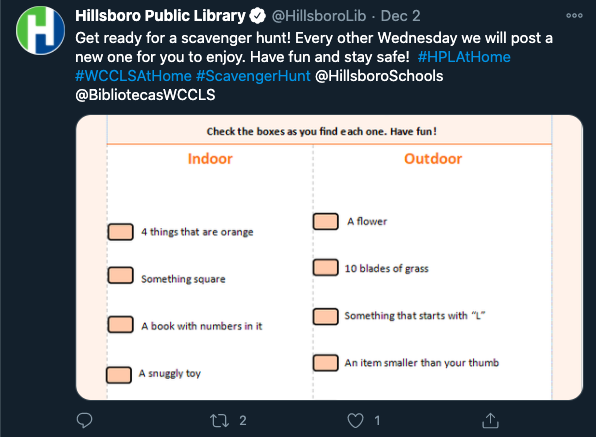 littlest_my's tweet photo. Hillsboro PL in Oregon posts simple "scavenger hunts at home" for children. Instead of encouraging kids to leave the house, their attention is directed around their own home. They're available in both English and Spanish! Easy COVID-safe programming.

#lis453fa2020 
@mikeleach42 https://t.co/JpGtG4MQmL