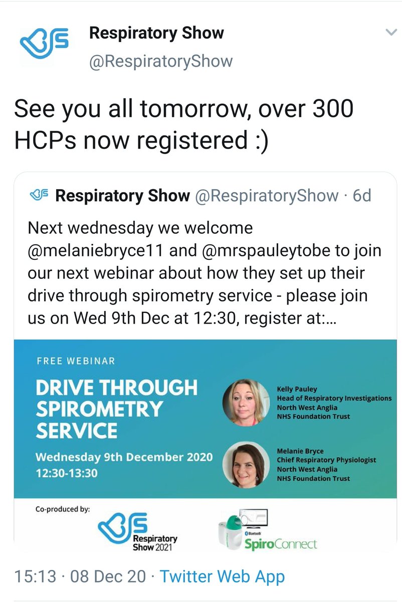 RespiratoryInvestigationsNWAFT (@ri_nwaft) on Twitter photo Not long now until the webinar for #drivethroughspirometry with our very own <a href="/mrspauleytobe/">Kelly Pauley 💙</a> and <a href="/melaniebryce11/">⭐Melanie Bryce💙</a> - over 300 HCPs have registered! Not long now until the webinar for #drivethroughspirometry with our very own <a href="/mrspauleytobe/">Kelly Pauley 💙</a> and <a href="/melaniebryce11/">⭐Melanie Bryce💙</a> - over 300 HCPs have registered!