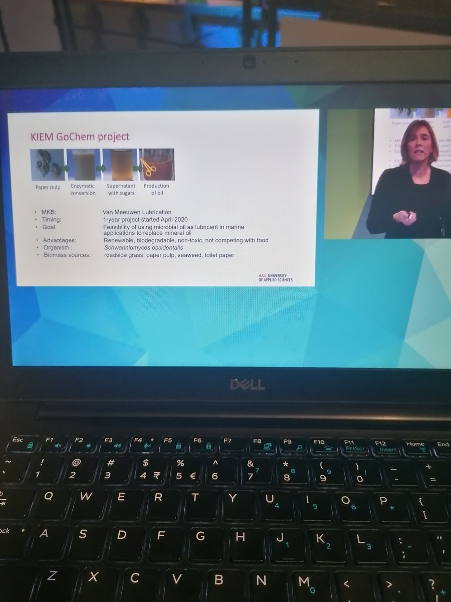 ChemistryNL's tweet photo. Richele Wind - HAN Biocentre tells all about the KIEM project 'The potential of microbial oils as lubricants' in which she collaborates with Van Meeuwen Lubrication. #GoChem #sustainablechemistry #chains2020 https://t.co/8FBnBapp25
