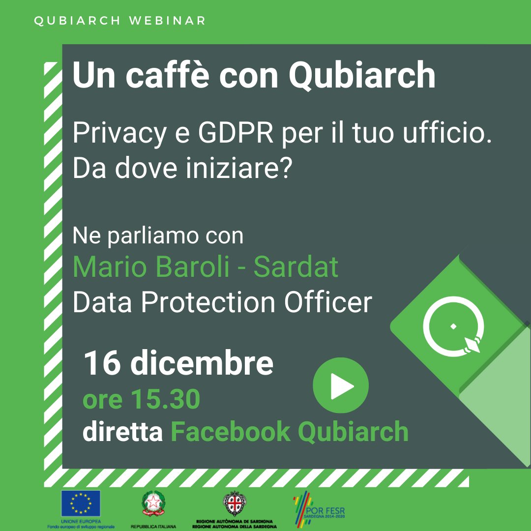 Qubiarch's tweet photo. #Qubiarch- Come la #Tecnologia supporta il lavoro in ufficio. Ne parliamo il 16 dicembre, in diretta facebook, alle 15.30 con Mario Baroli - Data Protection Officer, parleremo di #Privacy e #GDPR. Da dove iniziamo per adeguare il nostro ufficio? 
Vi aspettiamo! https://t.co/qEMcwXyHe7