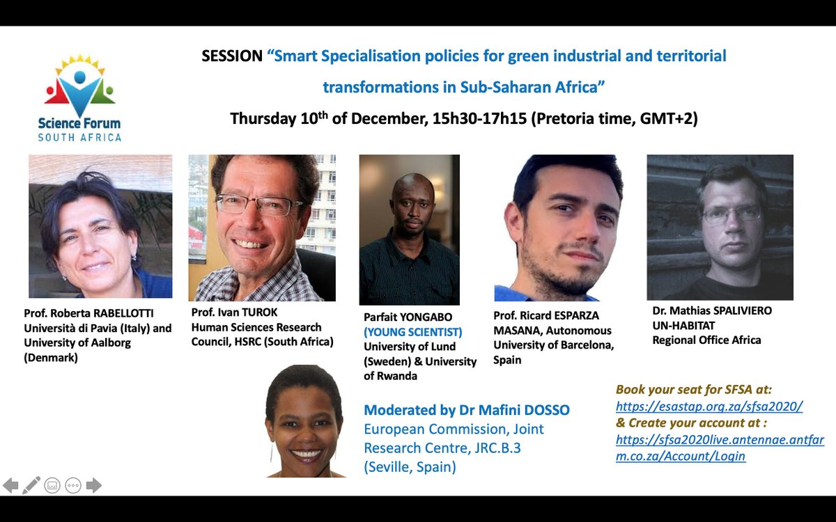 👉🏼THE Panel @ESASTAP Science Forum 🇿🇦on Thurs. 15h30-17h15 (GMT+2) to co-create on  #smartspecialisation for #sustainabletransformation in #subSaharan #Africa by @EU_ScienceHub @alerainy @RobertaRab @yoparfait w. R Esparza @UABBarcelona I. Turok @HSRCza  M Spaliviero @UNHABITAT