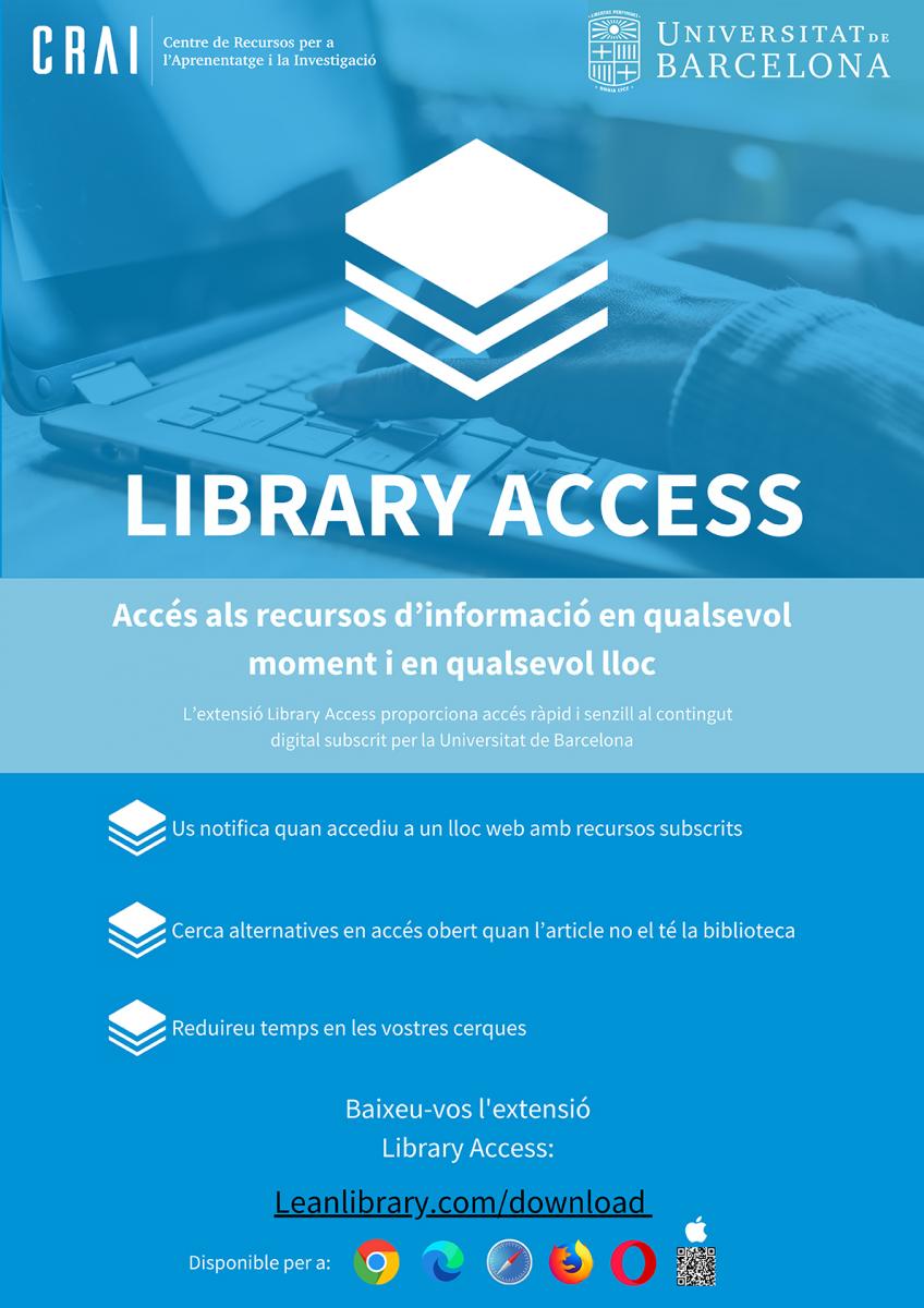 crai_ub's tweet image. 🧐 Coneixeu la nova eina #LibraryAccess?

🆕 És una extensió, creada per 
@leanlibrary que proporciona un accés ràpid i senzill al contingut digital subscrit per la 
@UniBarcelona
 on i quan vulgueu!

+ info 👉 tuit.cat/EhCmD