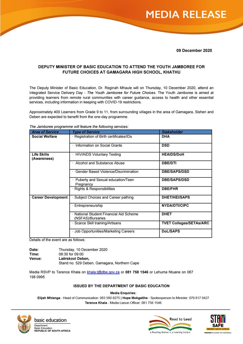 The Deputy Minister of Basic Education, Dr. <a href="/ReginahMhaule/">Dr Reginah Mhaule</a> will attend an Integrated Service Delivery Day - The Youth Jamboree for Future Choices on Thursday, 10 December 2020 at Laërskool Deben in the Northern Cape