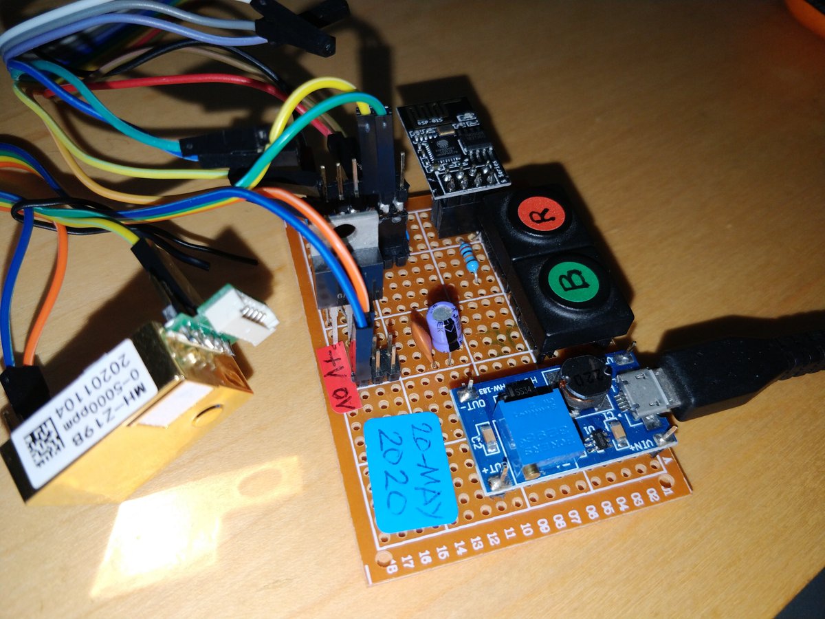 Here's the prototype that produced this data, attached to my ESP8266 dev board. The CO2 sensor costs around £20, the ESP8266 just £1.50. It needs a 5V supply and a 3V3 regulator for the μC. It connects to WiFi and sends data to an MQTT server. These could be used in classrooms.