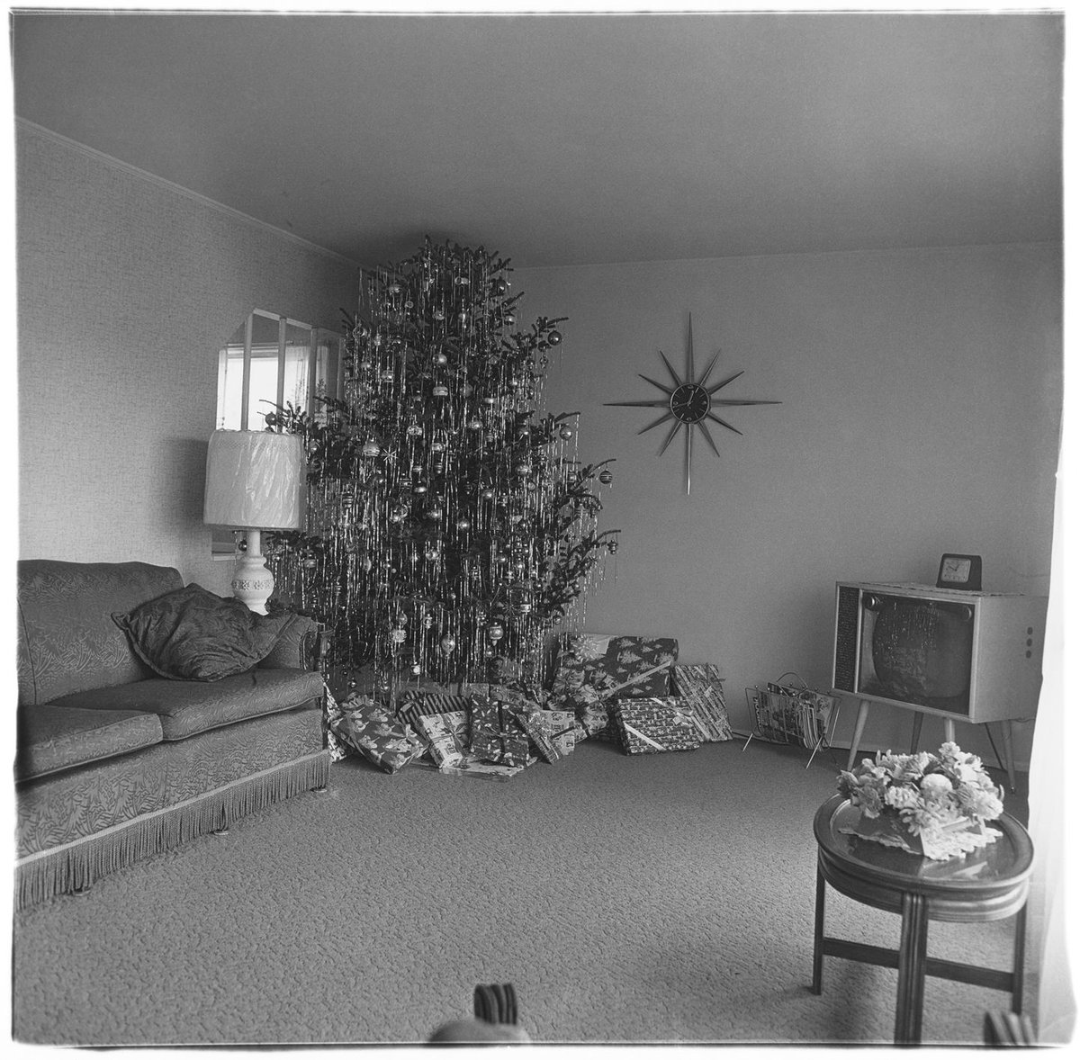 Day 9.The Ghosts of Christmas past  #AdventCalendar.Xmas Tree in a Levittown Living Room, 1963.Photo Diane Arbus