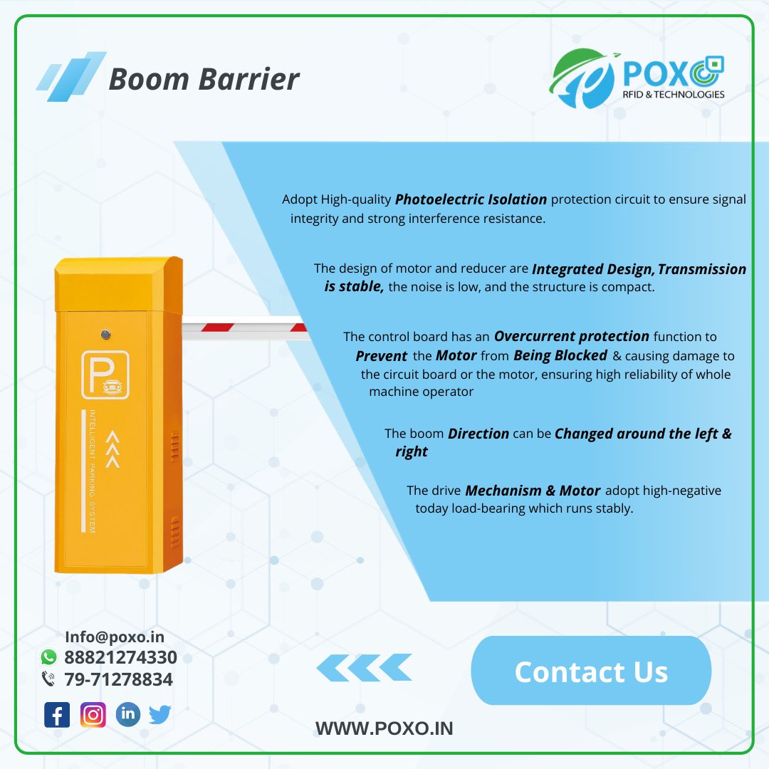 PoxoRfid's tweet photo. High Duty Cycle boom barriers: Poxo RFID Automation Anti Crash Secured Barriers with high duty cycle provide practical and cost-effective solutions in maximum movement areas for security.

#poxo #accesscontrol #boombarrier #security #automated #societies #smartcities #malls #iot https://t.co/Q0DZn1CMqi