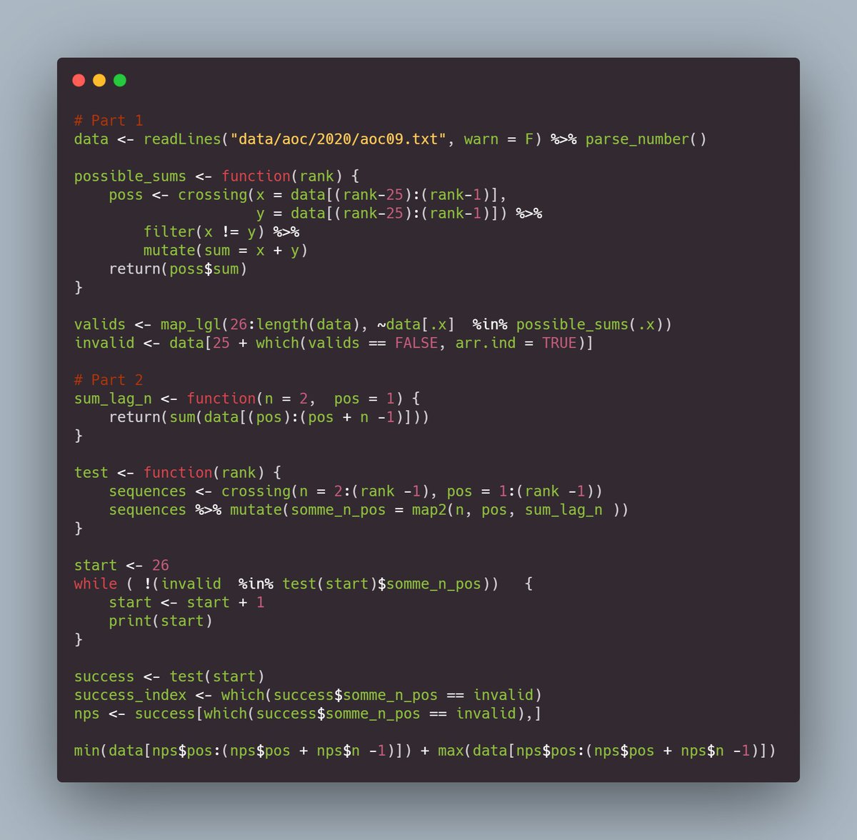 Day 9 of #AdventOfCode with #rstats
"Brute force" methods, using crossing() function.
A bit time-consuming for Part 2, but it does the job