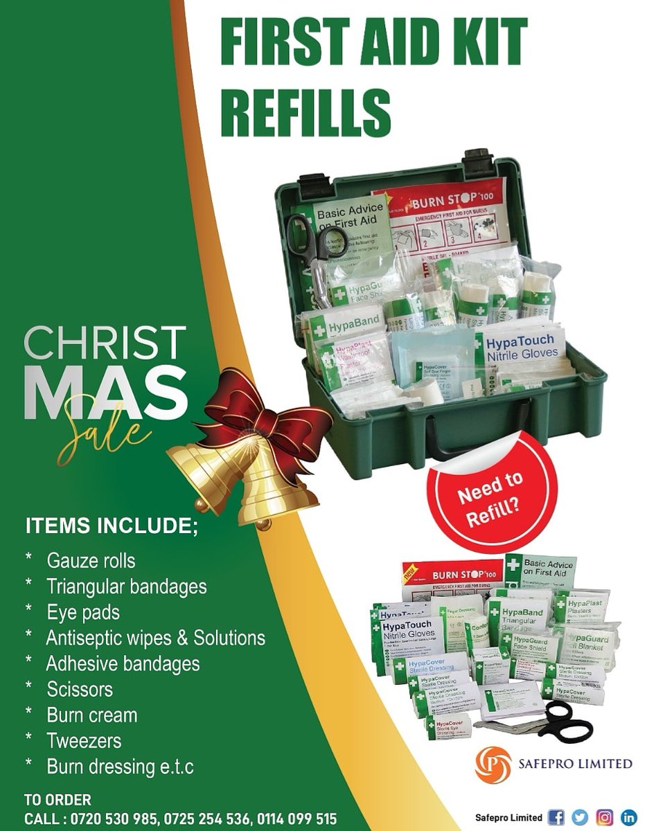 safepro_info's tweet image. It's 14 DAYS TO CHRISTMAS 🎄🎉
On our Christmas Sale offer today are First Aid Kit Refills that include bandages, antiseptic wipes and solutions, burn cream, burn dressing, etc
Contact us on 0720530985/0725254536 to make your order at discounted prices.
#ehsconsultants