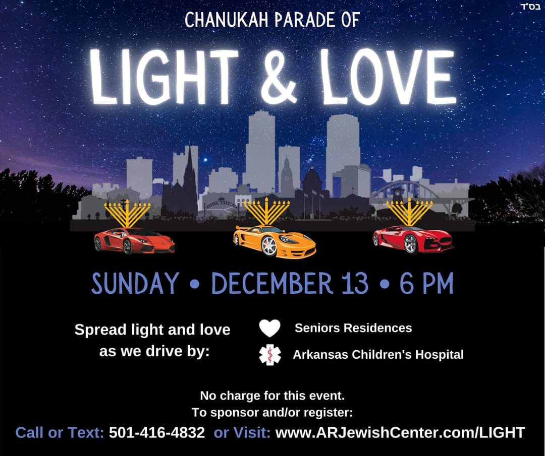 Yosef Kramer (@yosefkramer) on Twitter photo Please join us for a #Chanukah Unity parade of Light & Love! Be part of the 70 vehicles to bring joy to senior centers and <a href="/archildrens/">Arkansas Children's</a> - no one should be left behind this holiday season. Register your vehicle at ARJewishCenter.com/light Please join us for a #Chanukah Unity parade of Light & Love! Be part of the 70 vehicles to bring joy to senior centers and <a href="/archildrens/">Arkansas Children's</a> - no one should be left behind this holiday season. Register your vehicle at ARJewishCenter.com/light