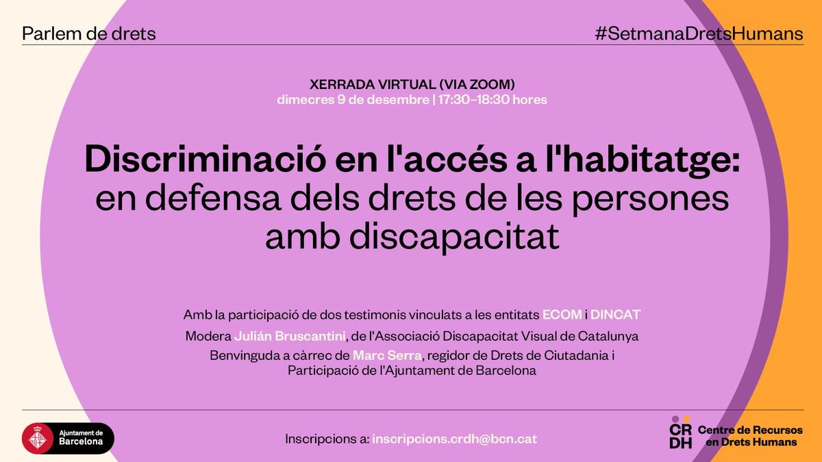 BCN_CiutatDrets's tweet photo. ❗Avui, amb motiu de la #SetmanaDretsHumans, parlem del dret a l'#habitatge de les persones amb discapacitat.

🕠17.30 h 
💻Virtual
✍️inscripcions.crdh@bcn.cat
👥Testimonis @_dincat @entitatecom. Modera @JulianBrus20 i benvinguda de @MarcSerraSole. 
 
https://t.co/akKqwQfVhD https://t.co/6aviSWuMLU